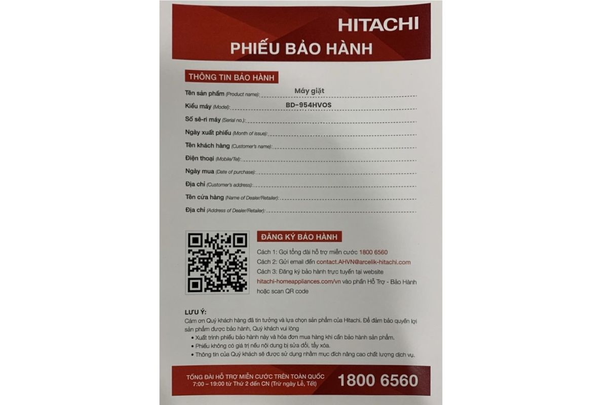 Phiếu bảo hành máy giặt Hitachi